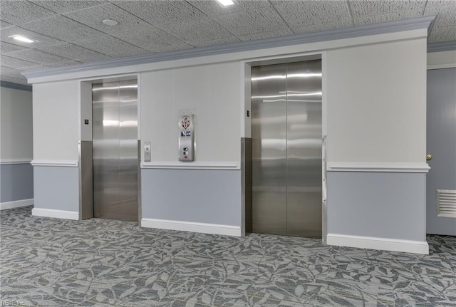 kitchen with crown molding, elevator, and carpet floors