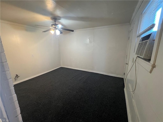 carpeted empty room featuring ceiling fan and ornamental molding