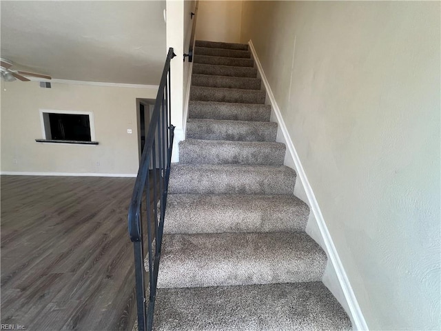 staircase with hardwood / wood-style floors, ornamental molding, and ceiling fan