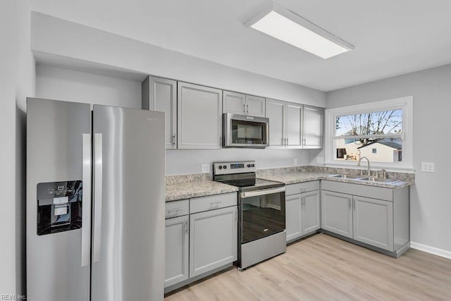 kitchen featuring stainless steel appliances, sink, gray cabinetry, and light wood-type flooring