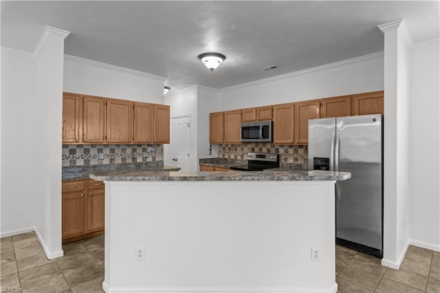 kitchen featuring light tile patterned floors, ornamental molding, a center island, and appliances with stainless steel finishes