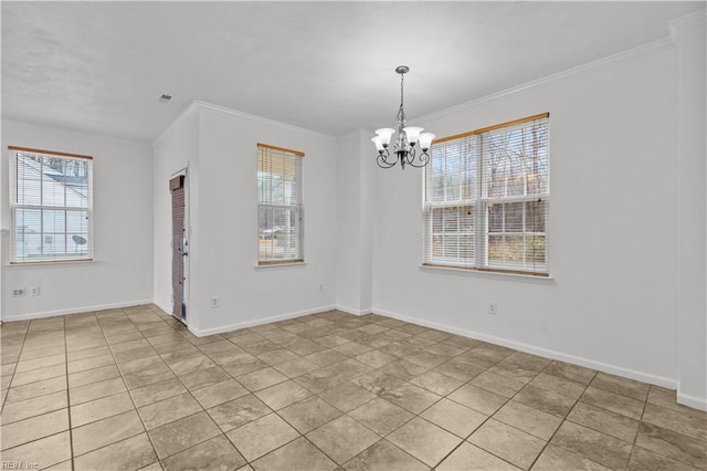 tiled spare room featuring ornamental molding and a chandelier