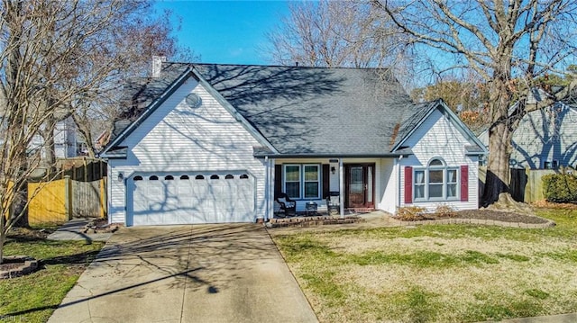 view of front of house featuring a garage, a front yard, and covered porch