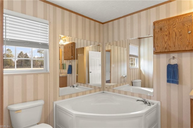 bathroom featuring crown molding, toilet, a bathtub, and a textured ceiling