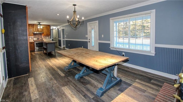 dining room with crown molding, dark hardwood / wood-style floors, and ceiling fan with notable chandelier