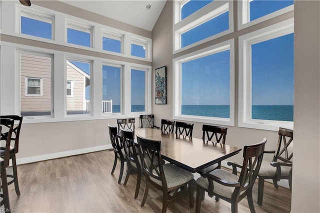 dining room with light wood-type flooring, high vaulted ceiling, and a water view