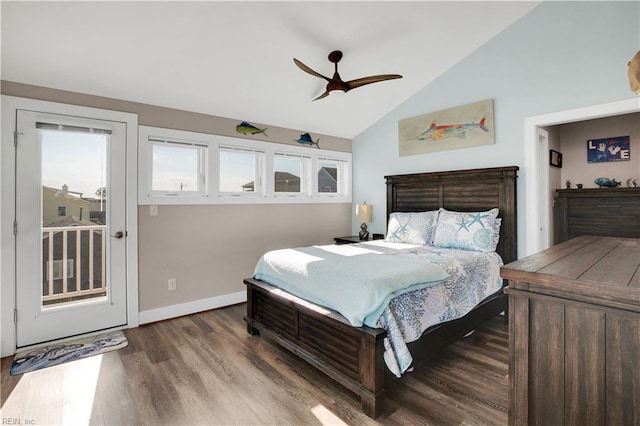 bedroom featuring vaulted ceiling, access to outside, hardwood / wood-style floors, and ceiling fan