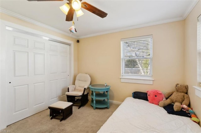 bedroom featuring ceiling fan, ornamental molding, carpet floors, and a closet