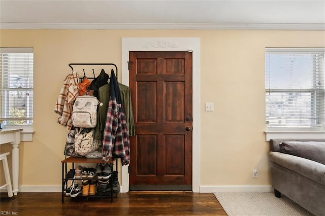 entrance foyer featuring crown molding and dark hardwood / wood-style flooring