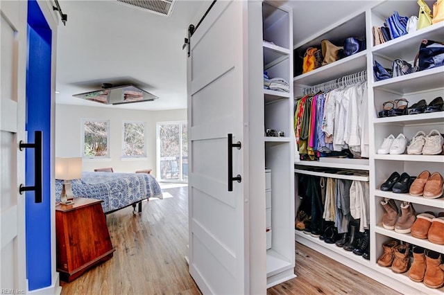 spacious closet featuring light hardwood / wood-style flooring and a barn door