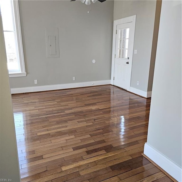 empty room featuring ceiling fan, electric panel, and dark hardwood / wood-style flooring