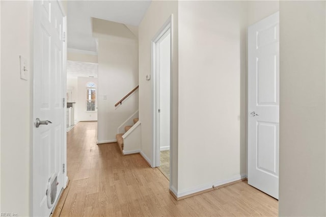 hall featuring ornamental molding and light hardwood / wood-style floors