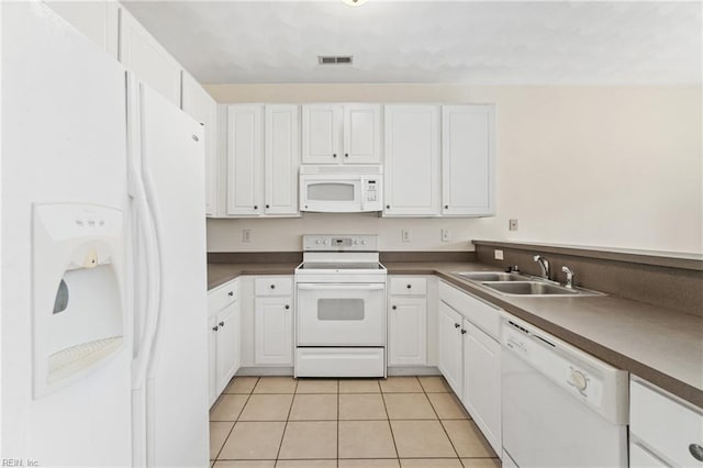 kitchen featuring white cabinetry, white appliances, light tile patterned flooring, and sink