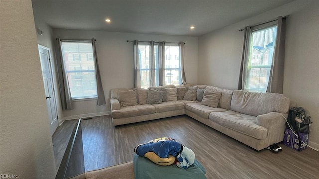 living room with plenty of natural light and hardwood / wood-style floors