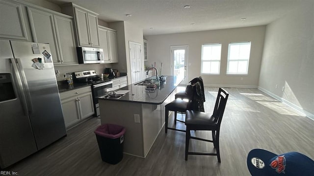 kitchen featuring an island with sink, sink, a breakfast bar area, hardwood / wood-style flooring, and stainless steel appliances