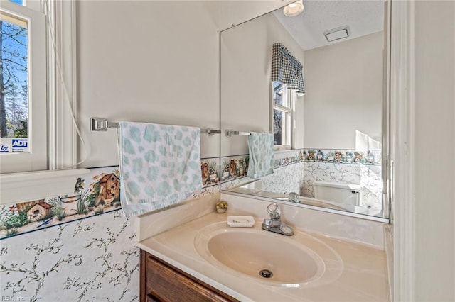 bathroom with vanity, a textured ceiling, and toilet