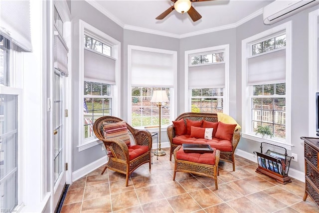 sunroom featuring ceiling fan and an AC wall unit