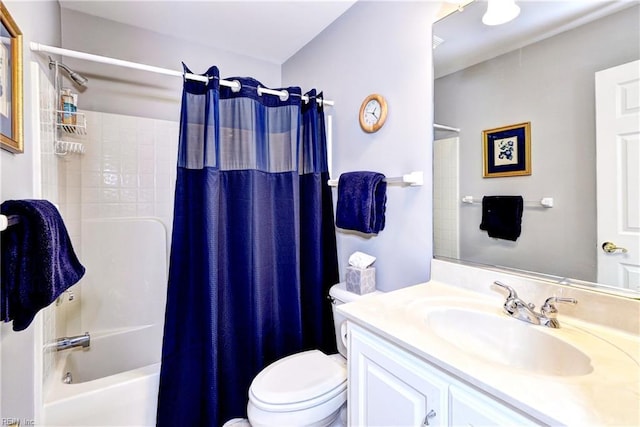 full bathroom with vanity, toilet, and shower / bathtub combination with curtain