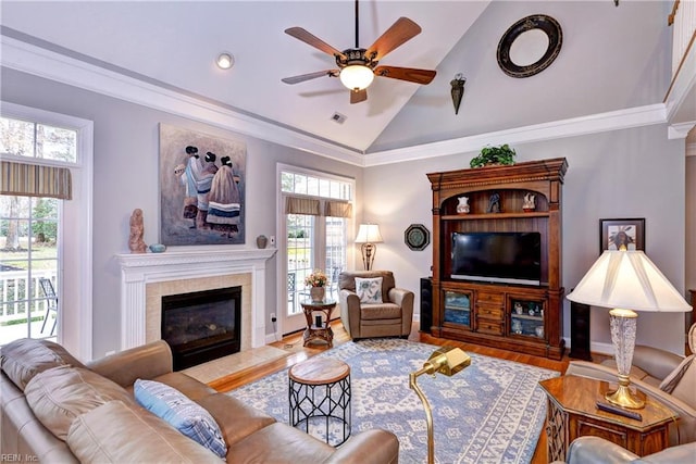 living room with hardwood / wood-style flooring, ornamental molding, a healthy amount of sunlight, and a fireplace