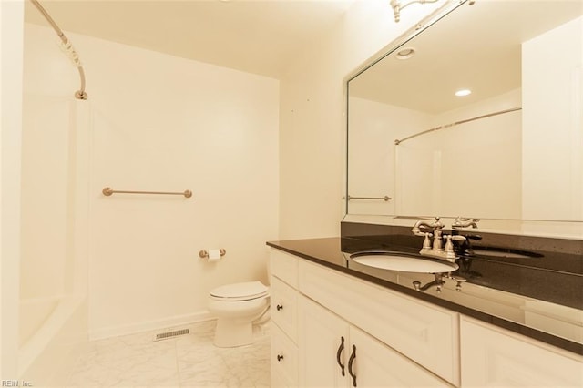 full bathroom featuring shower / tub combination, vanity, and toilet