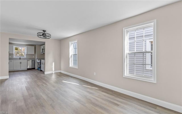 unfurnished living room featuring sink and light wood-type flooring