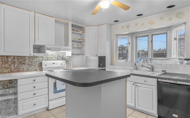 kitchen with dishwashing machine, white range with electric cooktop, white cabinetry, a center island, and light tile patterned flooring