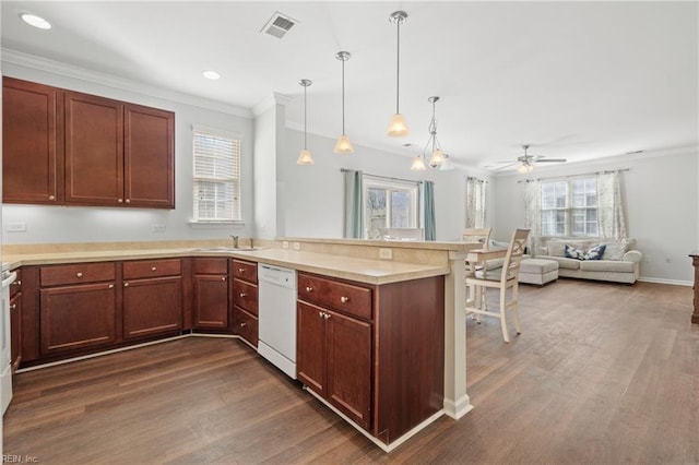 kitchen with dark hardwood / wood-style flooring, white dishwasher, decorative light fixtures, and sink