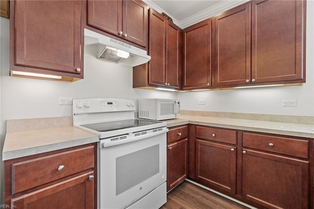 kitchen with dark wood-type flooring and white appliances