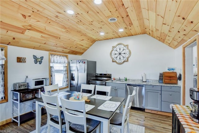 dining space featuring lofted ceiling, sink, wood ceiling, and light wood-type flooring