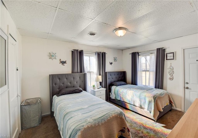 bedroom with a paneled ceiling, multiple windows, and dark colored carpet