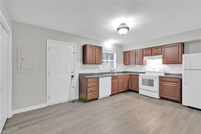 kitchen featuring sink, tasteful backsplash, light wood-type flooring, electric panel, and white appliances