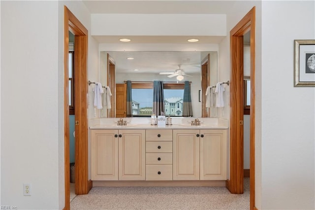 bathroom with vanity and ceiling fan