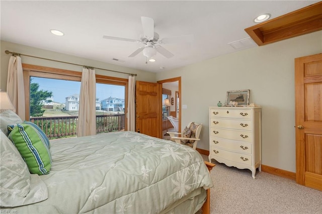 bedroom featuring access to exterior, carpet floors, and ceiling fan