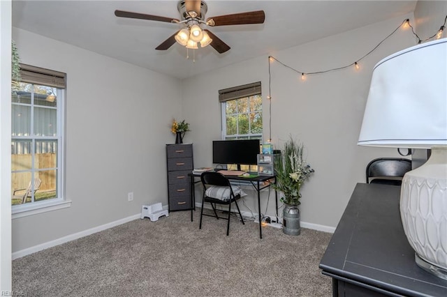 carpeted office space with ceiling fan