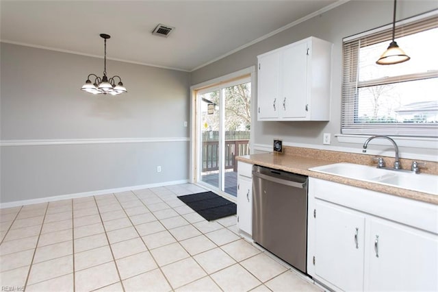 kitchen featuring dishwasher, sink, hanging light fixtures, and white cabinets