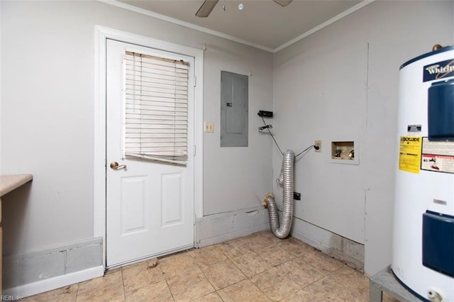 washroom featuring ornamental molding, electric panel, hookup for a washing machine, ceiling fan, and water heater