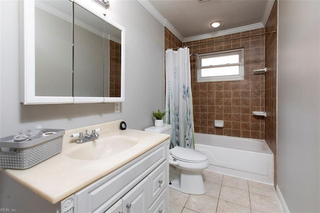 full bathroom with crown molding, vanity, toilet, shower / bath combo, and tile patterned floors