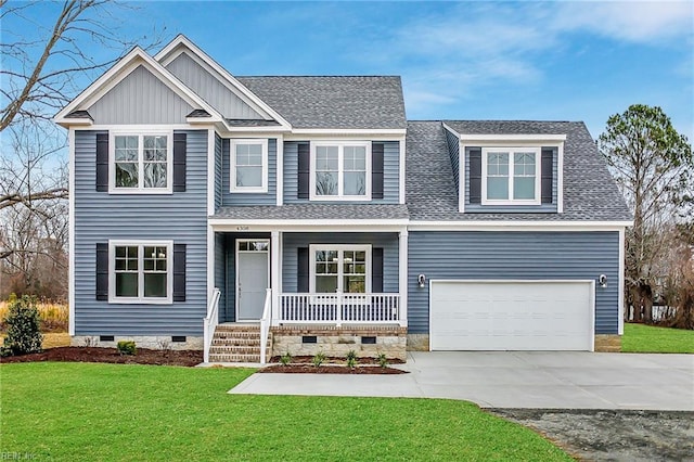 craftsman house featuring a garage, a porch, and a front lawn