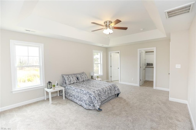 bedroom with a tray ceiling, a walk in closet, ceiling fan, and carpet