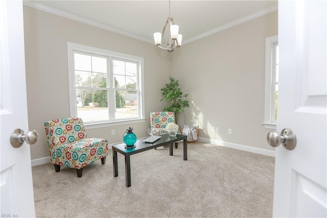 living area with ornamental molding, light carpet, and a notable chandelier