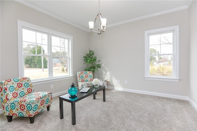 sitting room featuring a notable chandelier, carpet floors, and ornamental molding