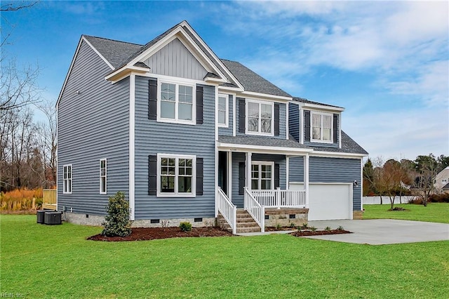 view of front of property featuring a garage, central AC, a front yard, and covered porch