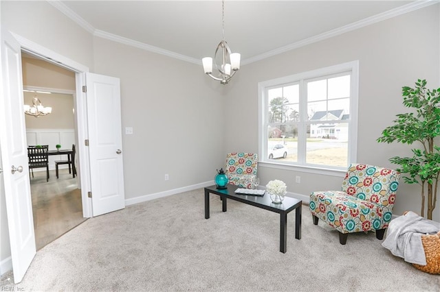 living area featuring ornamental molding, light colored carpet, and a chandelier