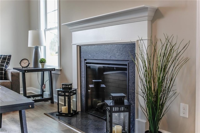 details featuring hardwood / wood-style floors and a high end fireplace