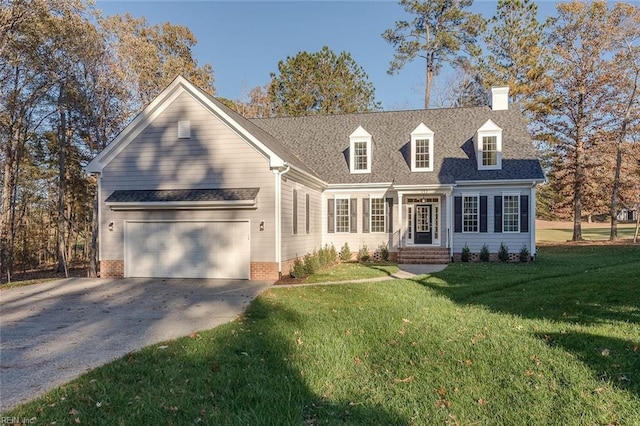 new england style home with a garage and a front yard