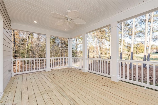 unfurnished sunroom featuring wood ceiling and ceiling fan