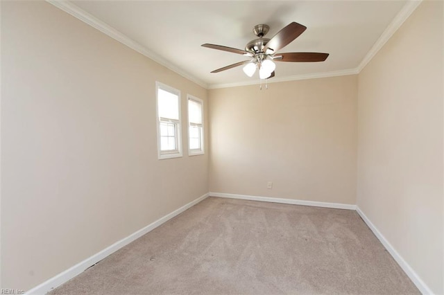 unfurnished room featuring crown molding, light colored carpet, and ceiling fan