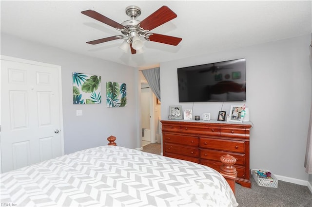 bedroom with light colored carpet and ceiling fan