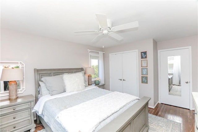 bedroom featuring light hardwood / wood-style flooring, a closet, and ceiling fan