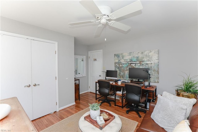 office area featuring ceiling fan and light hardwood / wood-style floors